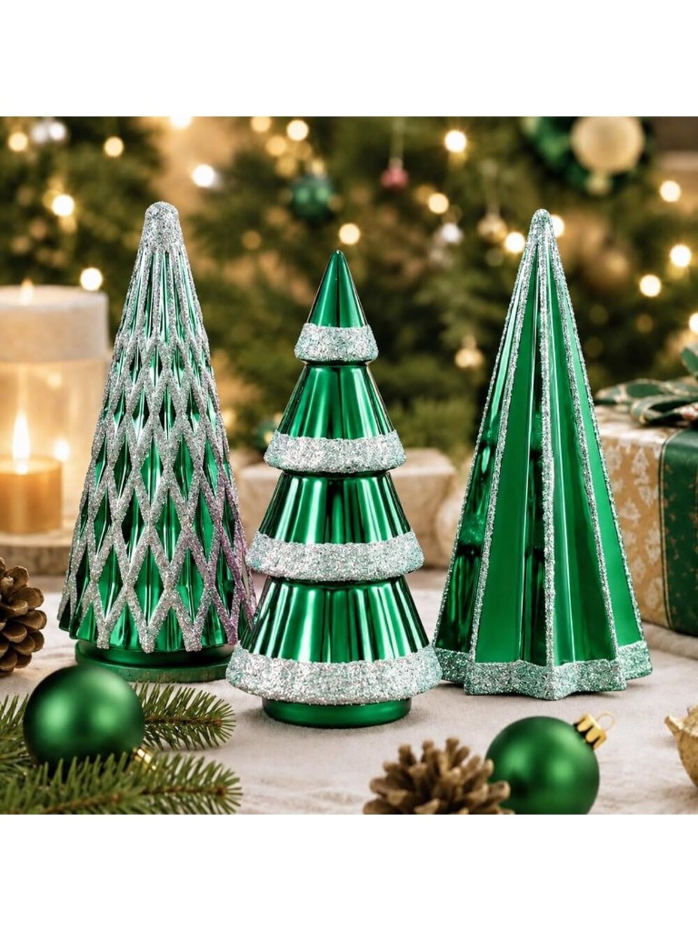 🎄3 Pcs Green Ceramic Christmas Trees Tabletop Decor Glittered Console Accents